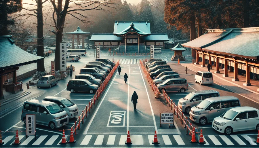 冬の早朝、整備された神社の駐車場に整然と停められた車両。安全に配慮された動線と参拝客が歩く姿。