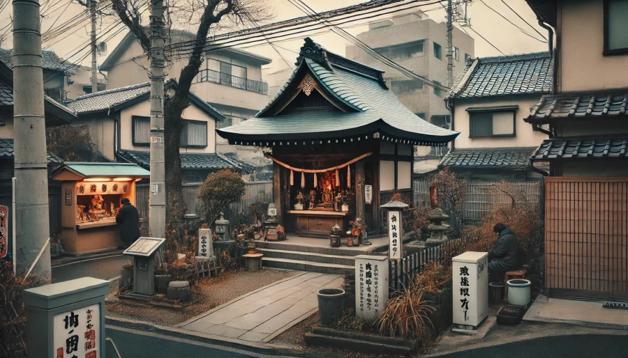 日本の住宅地にある小さな神社。訪れる人もまばらで、地域住民が穏やかに祈りを捧げる氏神様の光景