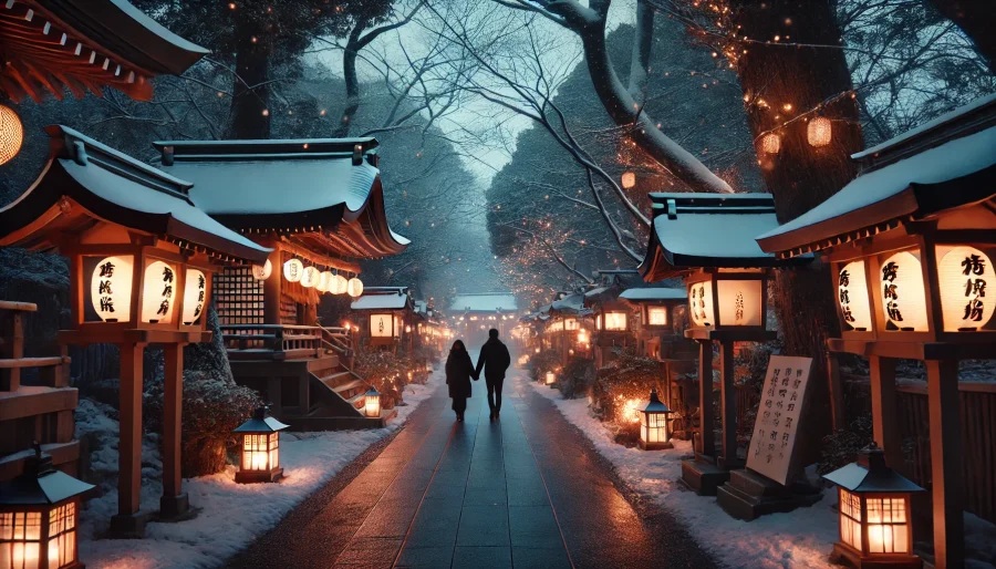 夕暮れ時に灯籠が灯る幻想的な神社で、手をつないで歩くカップル。静寂に包まれたロマンチックな初詣の情景。