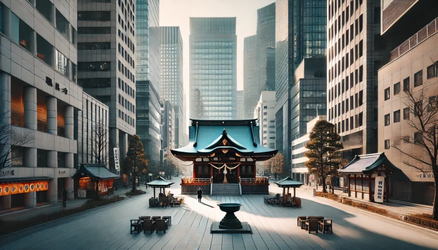 高層ビルの谷間に静かに佇む都心の神社。オフィス街の正月休み中に訪れた数名の参拝者が静かに祈る様子。